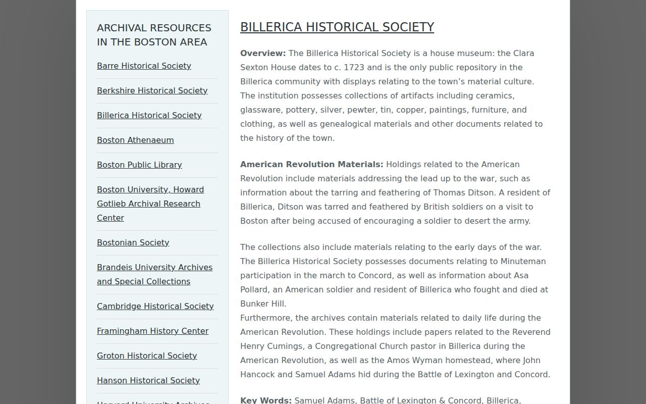 Billerica city directory archival guide for the Historical Society