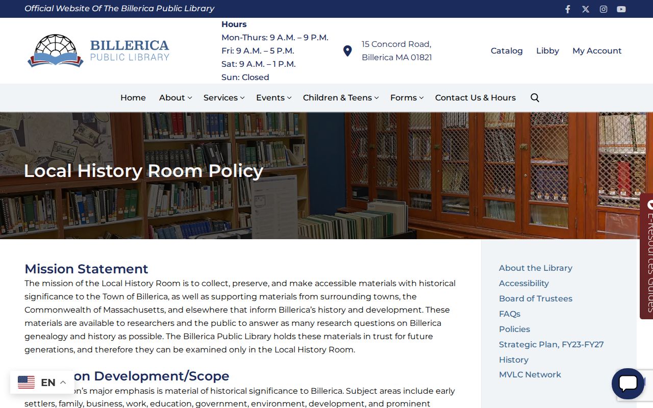 Billerica city directory Local History Room policy