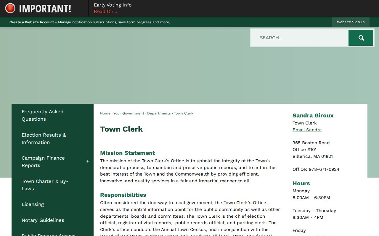 Billerica residents directory Town Clerk records page