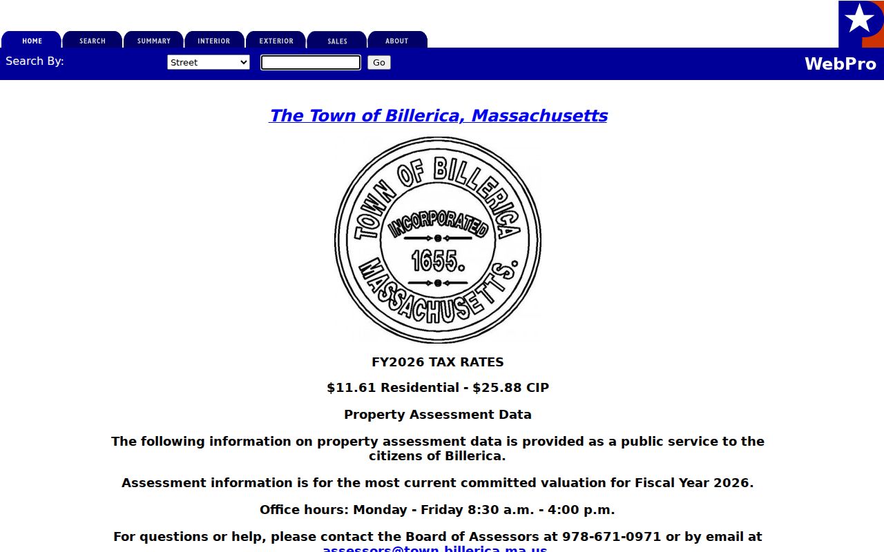 Billerica street directory Patriot Properties assessment portal